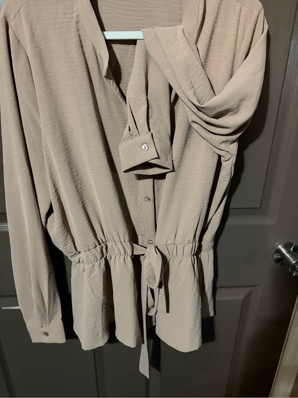 Fashion Nova Taupe Button-Up Top with Drawstring Waist
